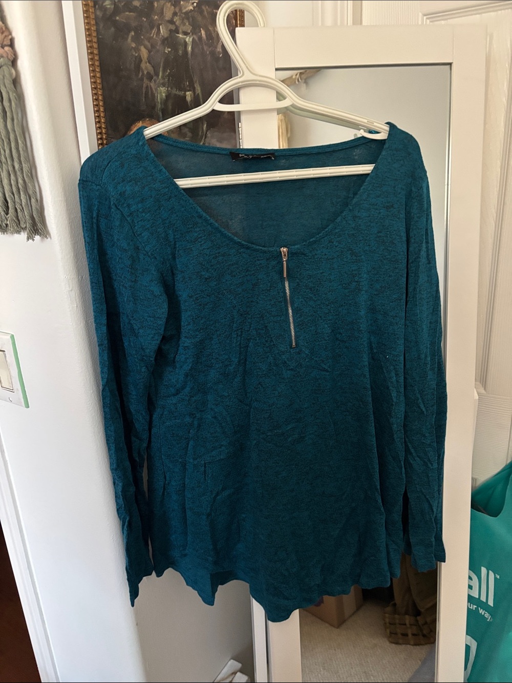 Teal Long-Sleeve Scoop Neck Top with Front Zip